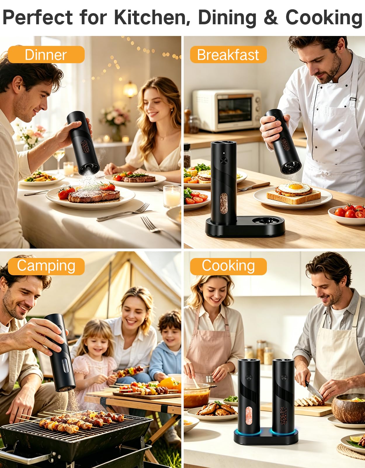 OUTONLIFE Electric Rechargeable Salt and Pepper Grinder Set, 110ml Large Capacity, USB-C with Charging Base, LED Light, Automatic Pepper Mills with Adjustable Coarseness, Ideal Gift for Kitchen, Home