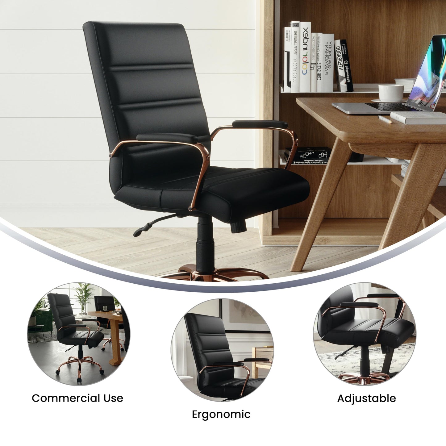 Flash Furniture Whitney Mid-Back Swivel LeatherSoft Desk Chair with Padded Seat and Armrests, Adjustable Height Padded LeatherSoft Office Chair, Black/Rose Gold