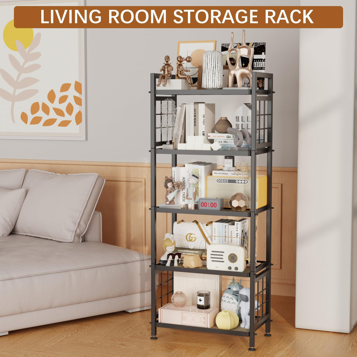GIOTORENT 5-Tier Pantry Shelves with Wooden Boards, Heavy Duty Storage Shelves & Book Shelf, Adjustable Metal Shelving Unit for Kitchen Bathroom Laundry Organizer, Sturdy Rust-Resistant, Black