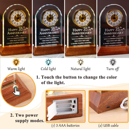 YWHL 35th Wedding Anniversary Clock Gifts for Couple, 35 Years for Wife Husband, Table Clock Glass Presents with Wooden Light Base for HomeDecoration (Battery not Included)