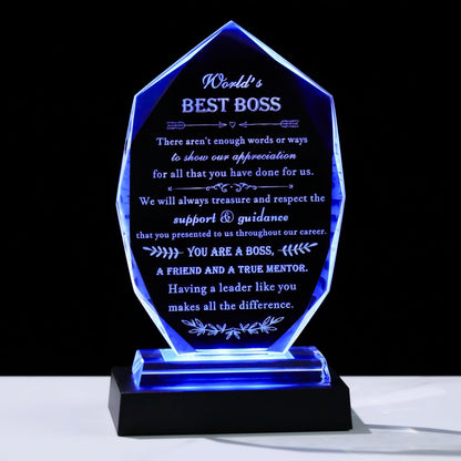 Boss Gifts for Women Men with led Light - Great Boss Day Gifts for Best Boss Appreciation Lady Desk Decoration Paperweight Present for Boss Leaving Retirement Birthday Christmas (Ice-world best boss-WITH LED)