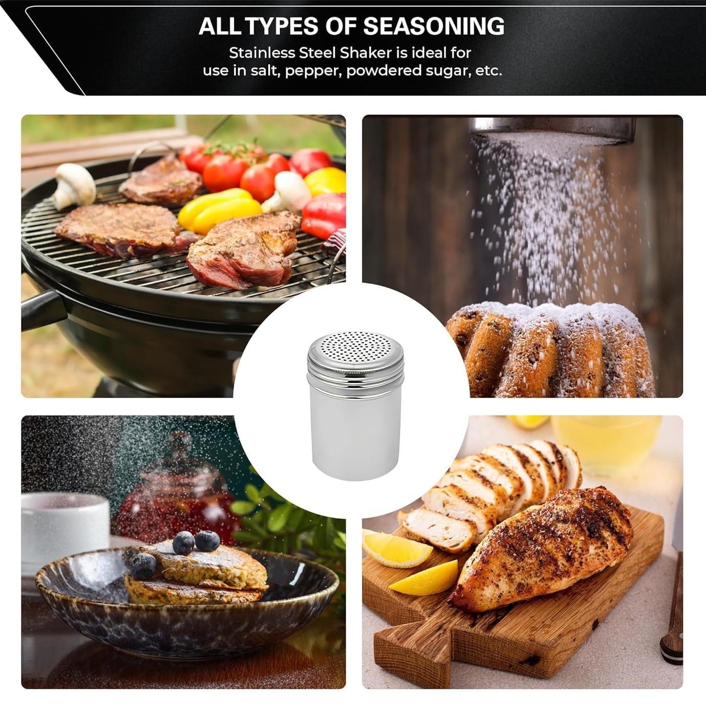 OCS Parts Set of 6 Stainless Steel Dredge Shakers | Without Handles | 10 Ounce Stainless Steel Salt, Pepper, Powdered Sugar an Spice Shakers for Home and Commercial Kitchens