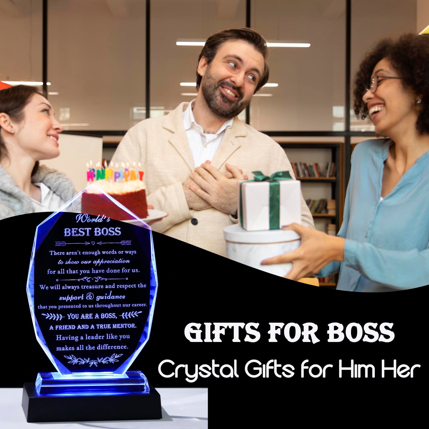 Boss Gifts for Women Men with led Light - Great Boss Day Gifts for Best Boss Appreciation Lady Desk Decoration Paperweight Present for Boss Leaving Retirement Birthday Christmas (Ice-world best boss-WITH LED)