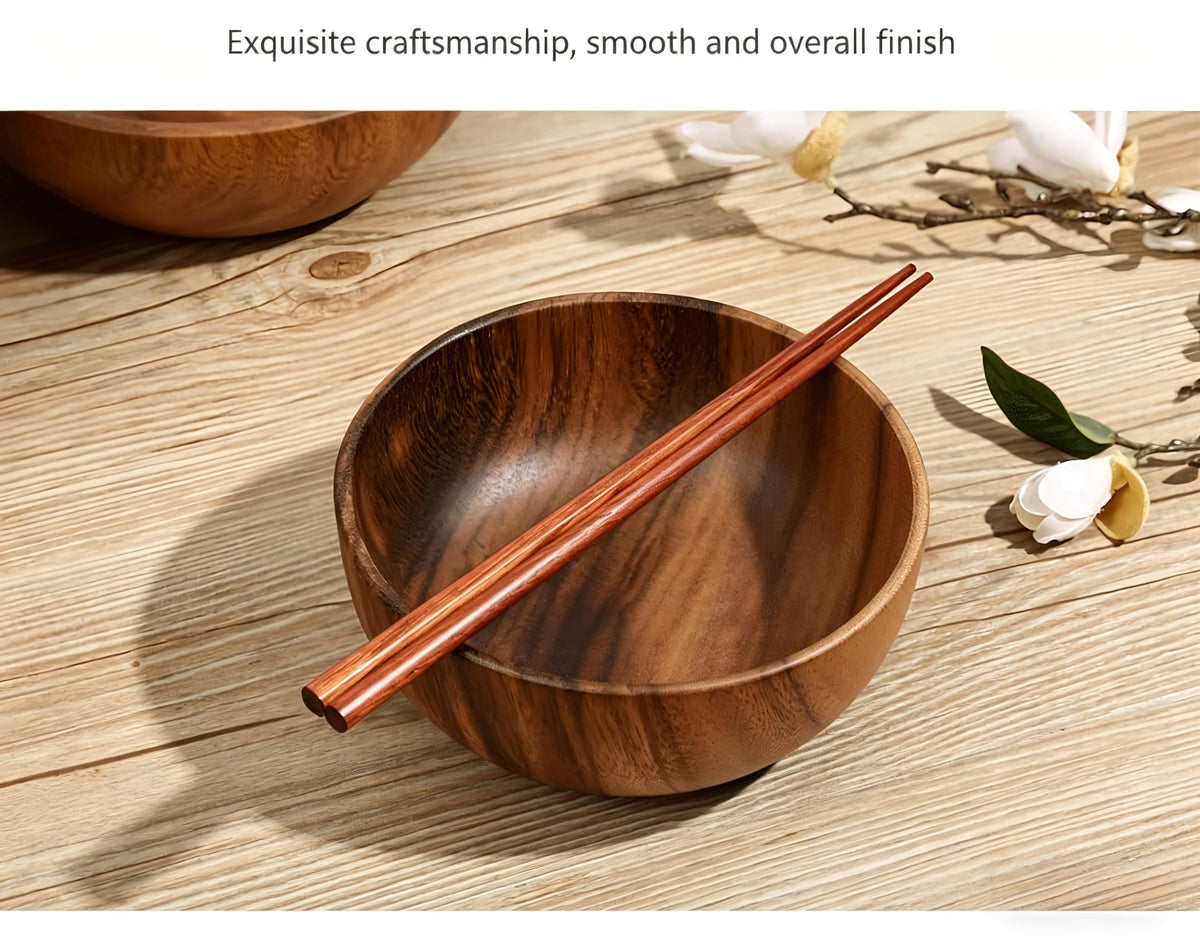 Acacia Wood Serving Bowls, Nesting Wooden Bowls, Natural Handcrafted Bowls for Salad, Fruit, Snack, Cereal, Popcorn, Food-Safe & Durable for Kitchen, Dining & Parties