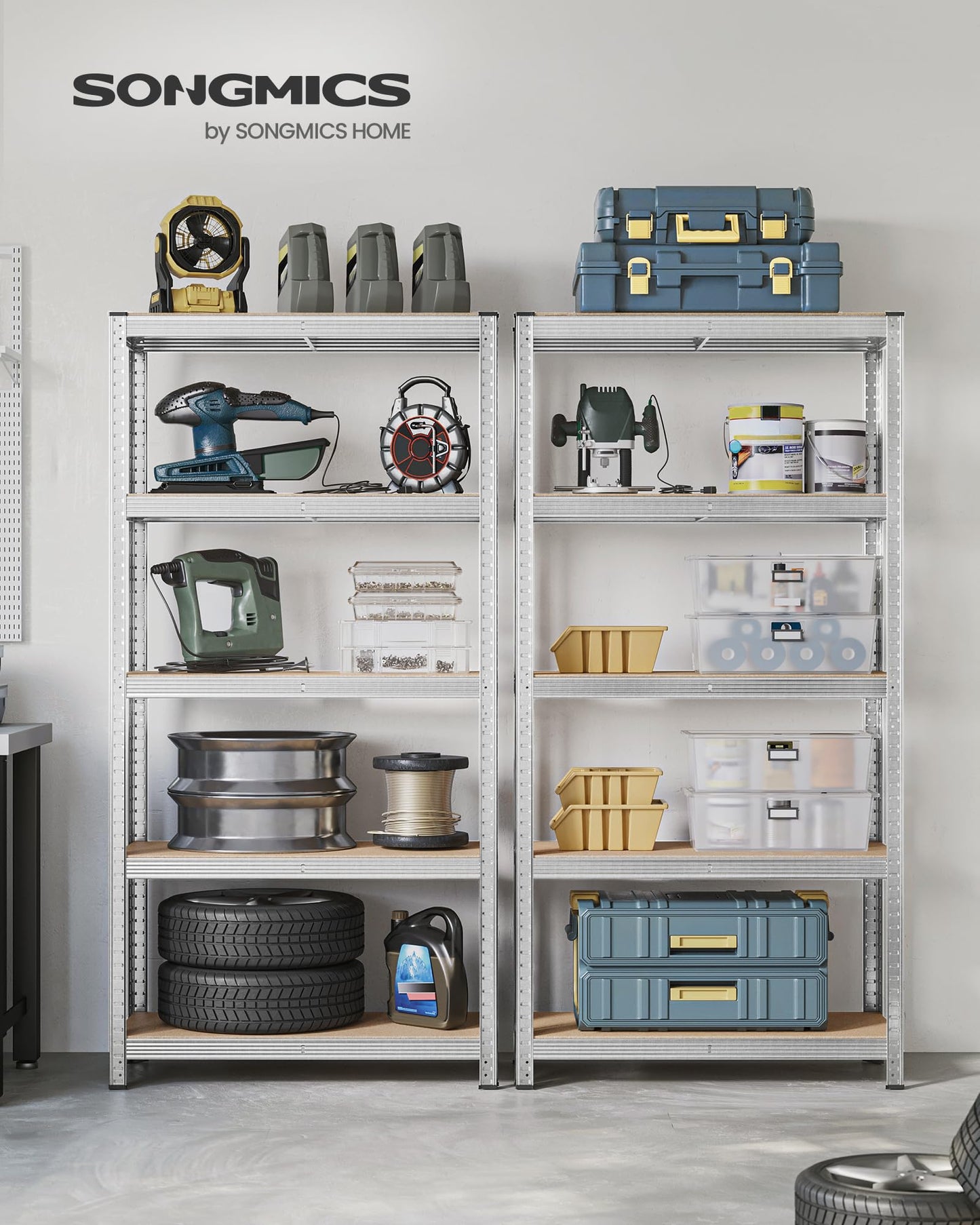 SONGMICS 5-Tier Heavy-Duty Shelving Units, Set of 2 Steel Shelving Units for Storage, Boltless Assembly, for Garage, Shed, Load Capacity 875 kg, 40 x 90 x 180 cm, Silver GLR040E02