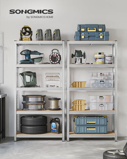 SONGMICS 5-Tier Heavy-Duty Shelving Units, Set of 2 Steel Shelving Units for Storage, Boltless Assembly, for Garage, Shed, Load Capacity 875 kg, 40 x 90 x 180 cm, Silver GLR040E02