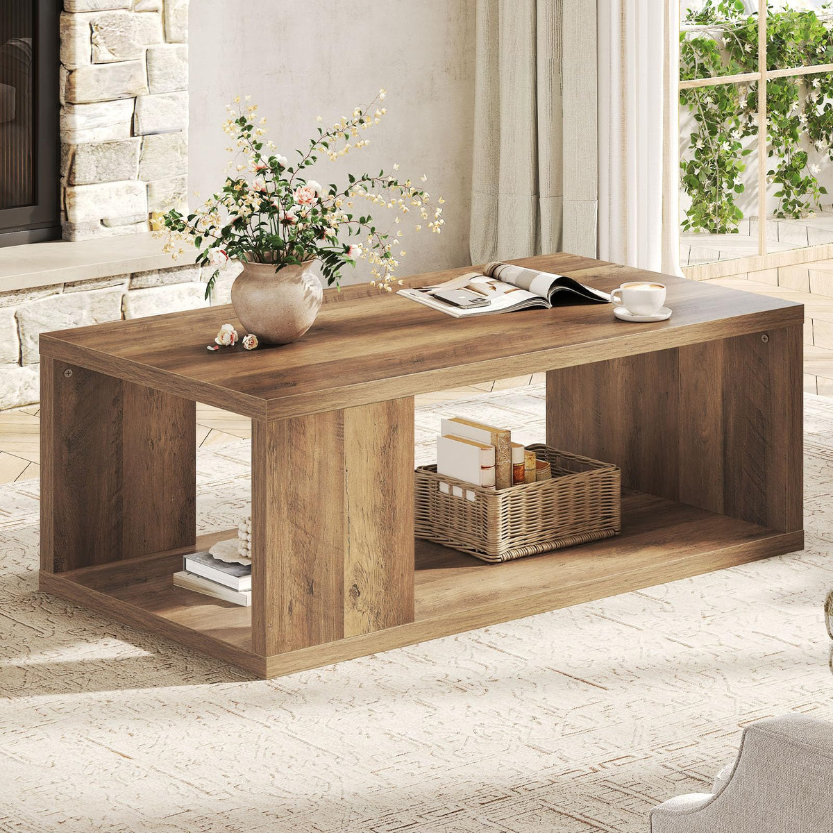 LVB Rustic Coffee Table with Storage, Modern Wood Coffee Tables for Living Room, Farmhouse Large Wooden Rectangle Center Table, Unique Wide Low Tea Table for Small Home Office, 39 inch, Rustic Oak