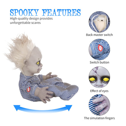 EVAPLUS 11inch Halloween Haunted House Crying Baby Terror Decoration Toy, Animatronic Roaming Creepy Doll Halloween Decoration,Haunted Sound Activated Holiday Prop with Battery Operated Control