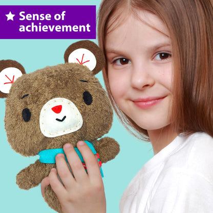 KRAFUN Sewing Kit for Kids Ages 7-12, Beginner Art & Craft Set with 3 Stuffed Animal Dolls (Teddy, Raccoon, Owl), Plush Felt Materials, Embroidery Supplies, and Instructions for Learning to Sew