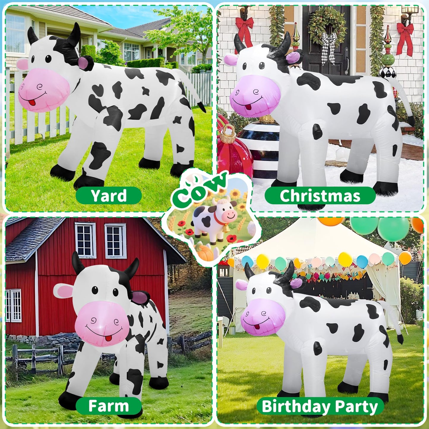 6FT Inflatable Cow Outdoor Decoration,Built-in LED Lights Indoor Outdoor Yard Lawn Ranch Blow Up Cute Animal Milk Cow,Christmas Holiday Display Spring Decorations for Garden Farm Themed Party