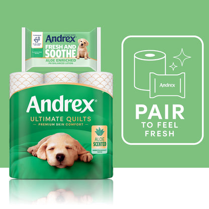 Andrex Fresh and Soothe Hygiene Wipes, 12 Packs - Flushable Toilet Wipes - Skin Kind - Contains Aloe Vera and Prebiotic Lotion- Biodegradable and Plastic-Free, FSC Certified