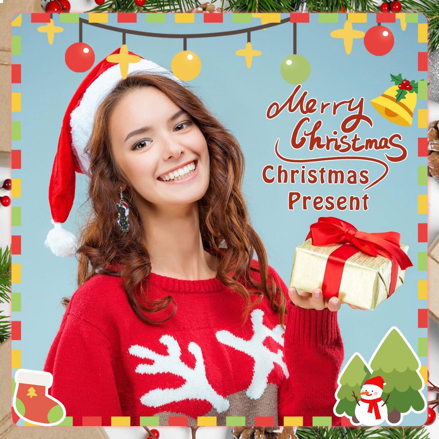 Funny Christmas Black Cat Earrings for Women - Xmas Charms Lightweight Acrylic Dangle Earrings Christmas Outfit Accessories