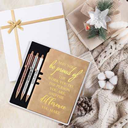 Resurhang 5 Pcs Employee Appreciation Gift Leather Journal Notebook 3 Ballpoint Pens with Box Graduation Thank You Gift for Nurse Volunteer Teacher Secretary Assistant Coworker Women(Khaki)