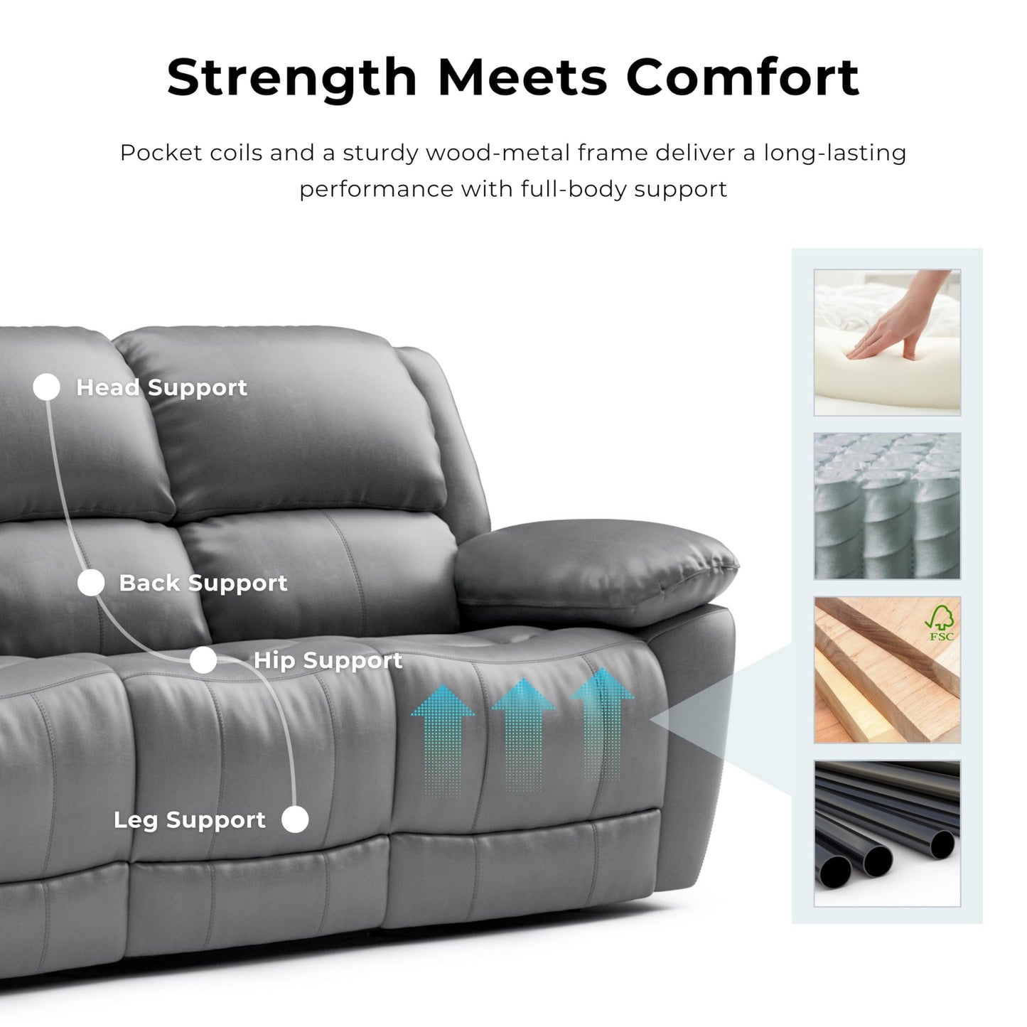 Furniture of America Sorin Modern Leather Recliner Sofa with Pillow Armrests and High Density Foam, Reclining Sectional Couch for Living Room, Office, Home Theater, FSC Certified, Dark Gray