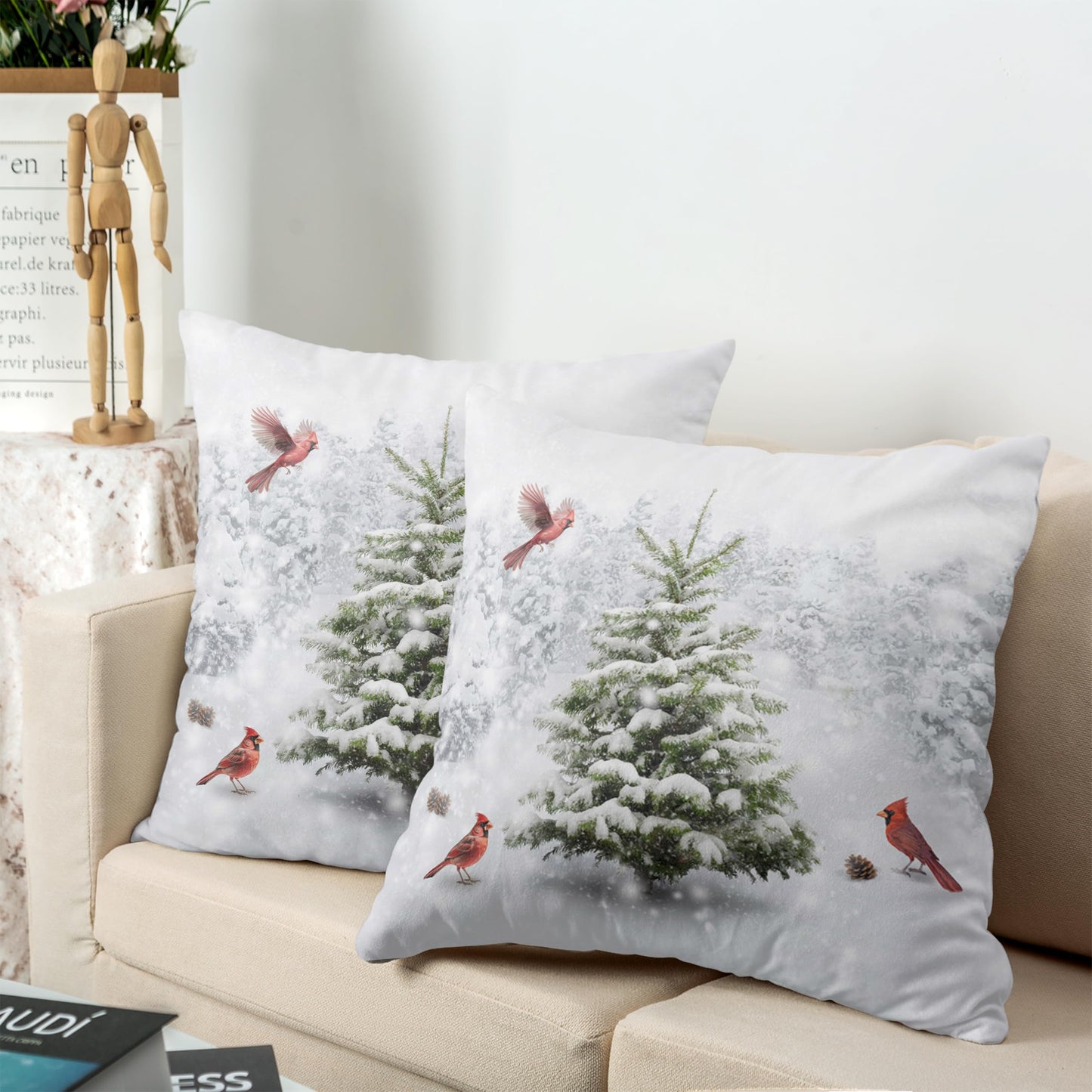Kwlegh Winter Throw Pillow Covers 18X18 Snowy Natural Forest Decorative Pillow Case Set of 2 Green Pine Tree with Cardinal Birds Cushion Case for Couch Living Room Patio