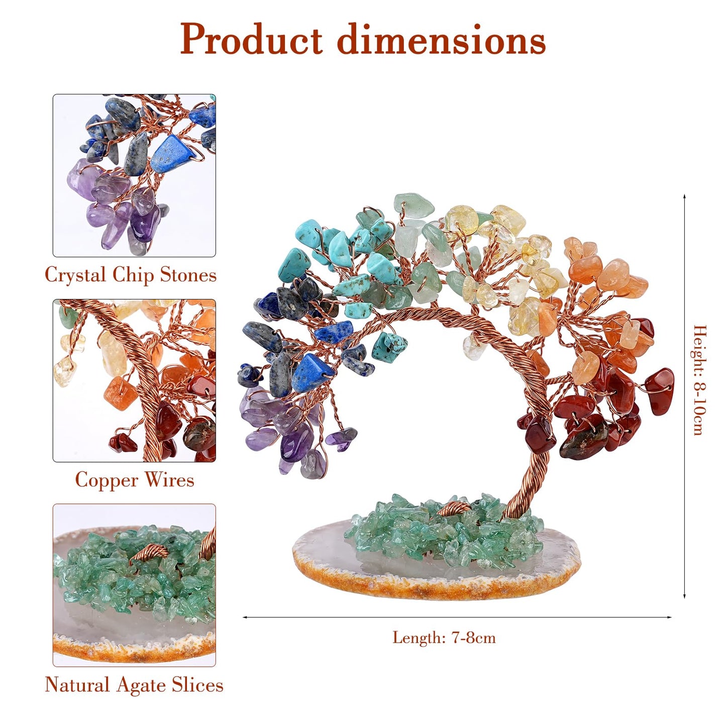 7 Chakra Crystal Money Tree with Agate Base, Fengshui Wealth Bonsai Figurine, Natural Crystal Chip Copper Wire Tree Ornament for Home Office Wedding Decoration (3-4 Inch)