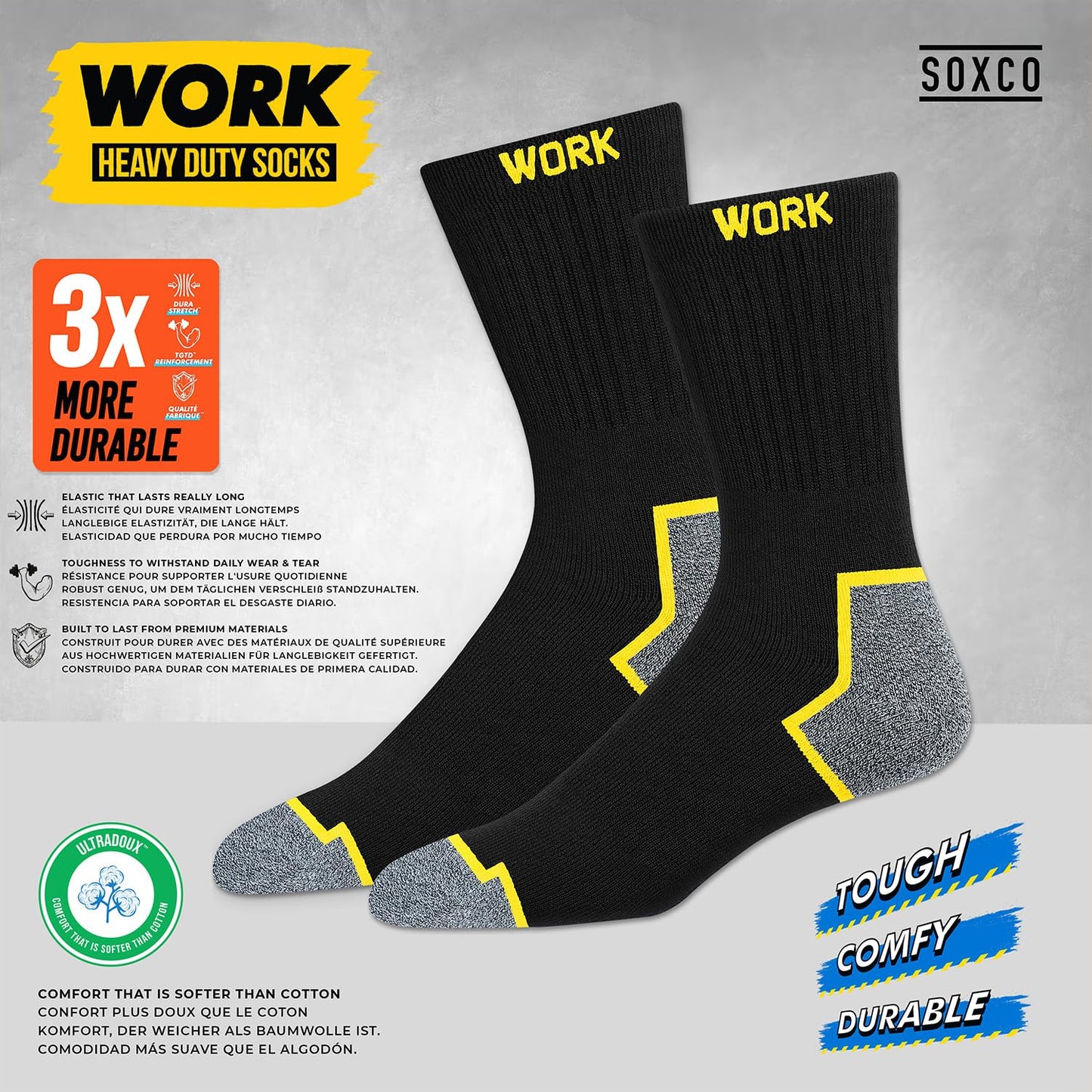 SOXCO WORK Socks for Men 9-12 Crew Length Black Heavy Duty Socks 10 Pairs, 9-11