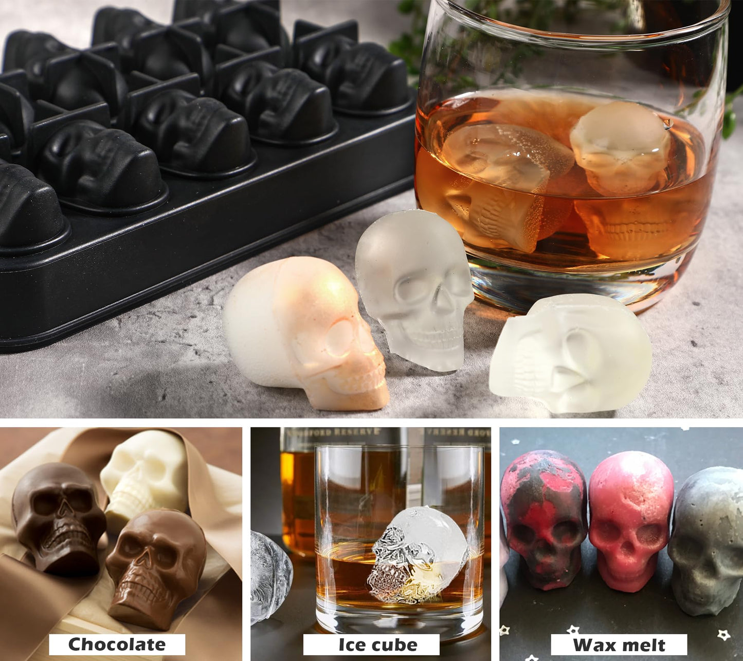Webake Skull Ice Cube Mold 3D, 10-Cavity Skeleton Head Silicone Ice Mold with Lid and Funnel for Whiskey Cocktail Reusable for Halloween Baking Chocolate, Candy, Pudding