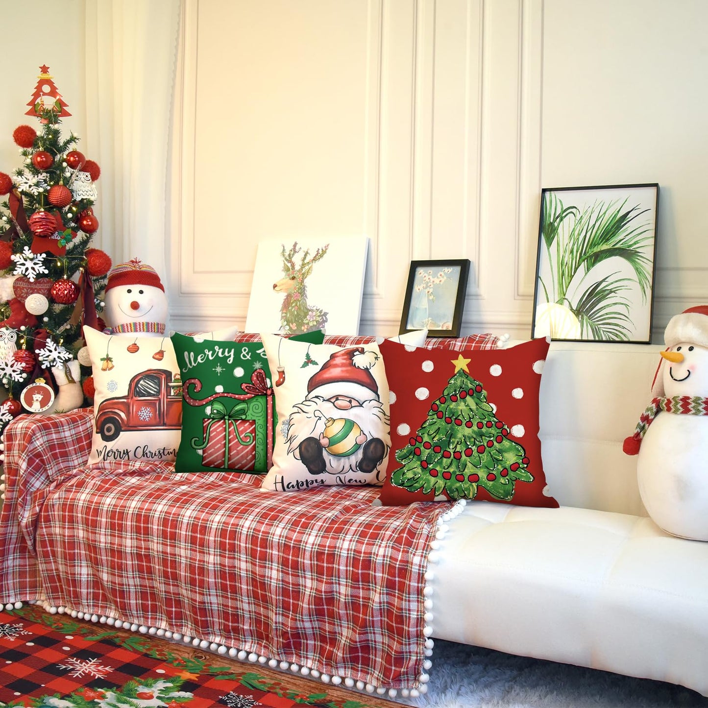 Coliuso Christmas Throw Pillow Covers 18x18 Set of 4 Xmas Series Holiday Cushion Pillow Cover Christmas Decorations for Sofa Couch Bed Farmhouse Outdoor Living Room (Red and Green)