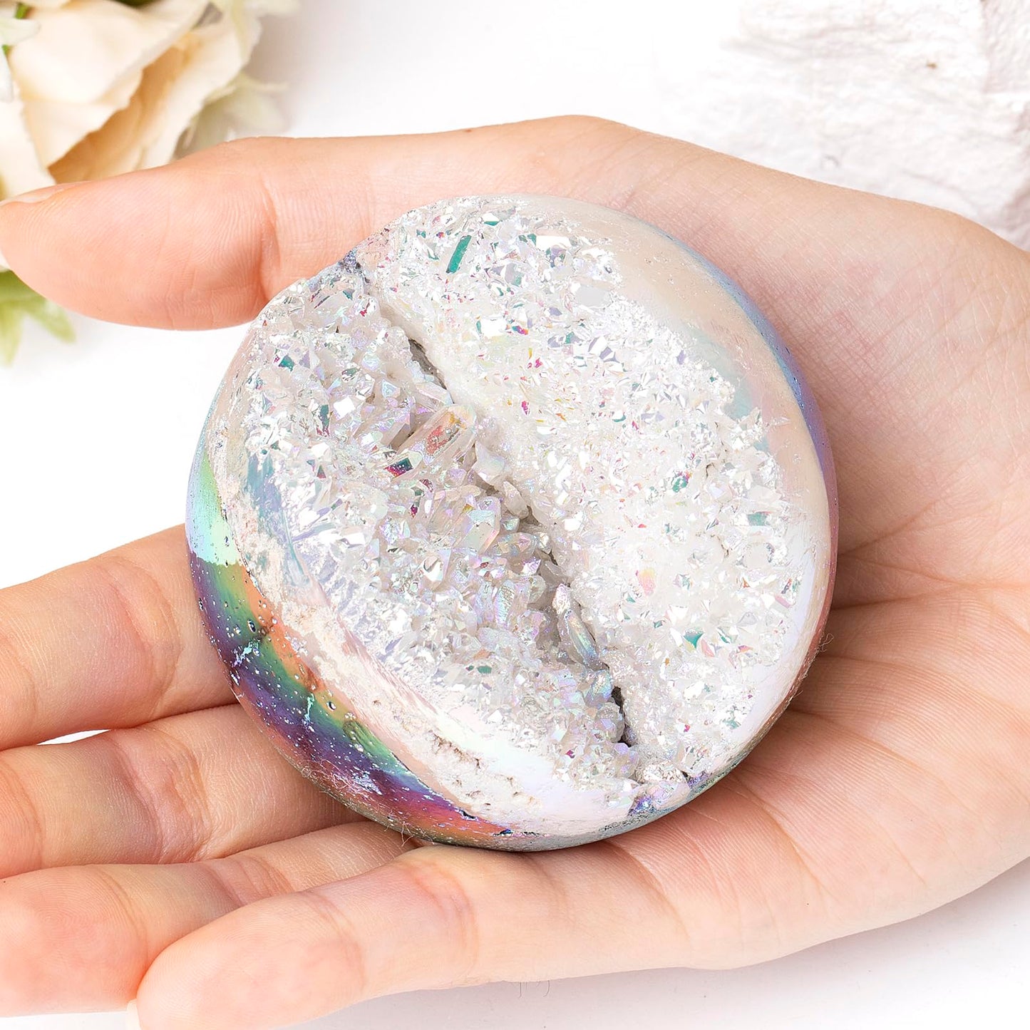 dssmboom White AB Titanium Coated Geode Stone Sphere with Wooden Stand for Home Decor, Rock Quartz Crystal Ball for Fengshui, Divination, Meditation, 61mm-70mm