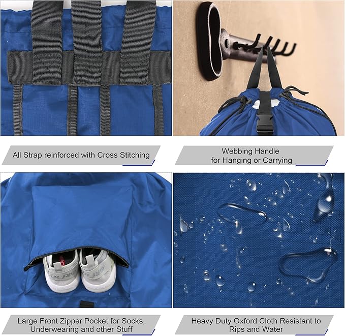 BeeGreen Laundry-Bag-Backpack-Heavy-Duty, Royal Blue Nylon Drawstring Portable