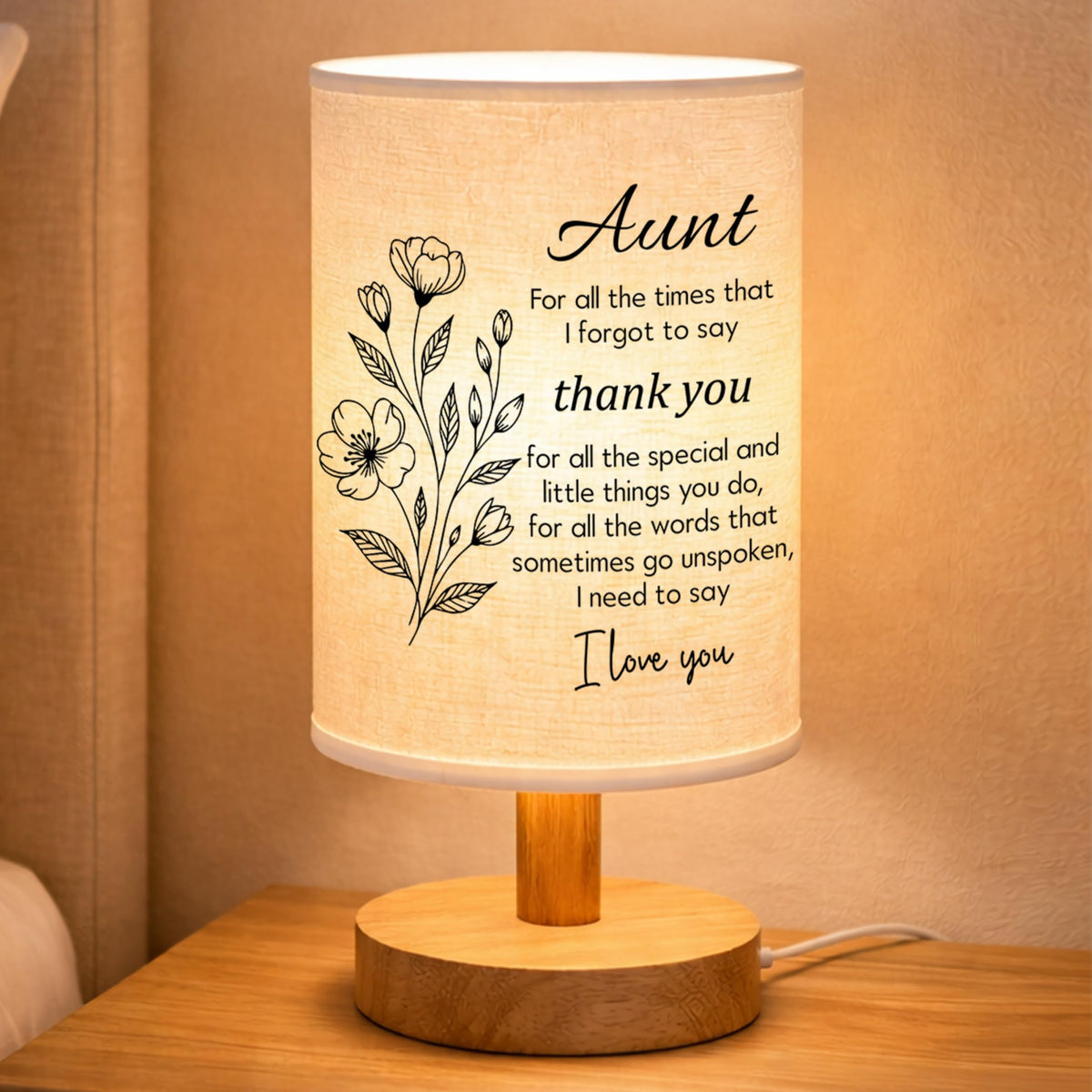 YVKC Aunt Lamp Gifts from Niece, Fabric Bedside Table Lamp with Wooden Stand, Birthday Mothers Day Gifts from Nephew, Desk Lamp Home Decor (Aunt, 1)