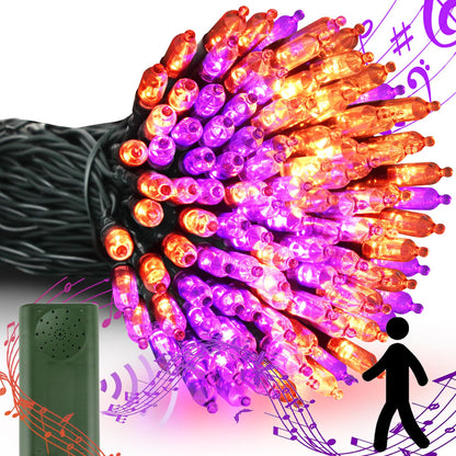 VTECHOLOGY 100 LED Motion Sensor Orange & Purple Halloween String Lights,33ft USB & Battery Operated Halloween Light String with Spooky Music for Halloween Holiday Indoor Decor