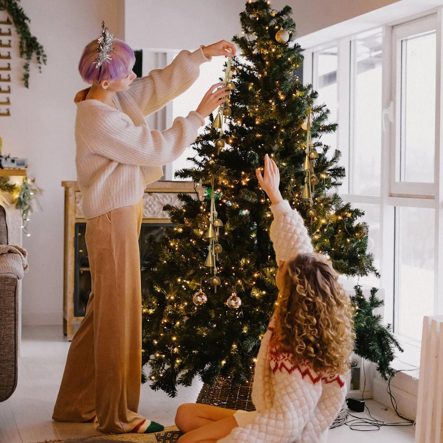 Rustic Gold Metal Bells with Jute Rope for Christmas Tree, Wreath, Party, Wedding Decor - 3.5W x 21H