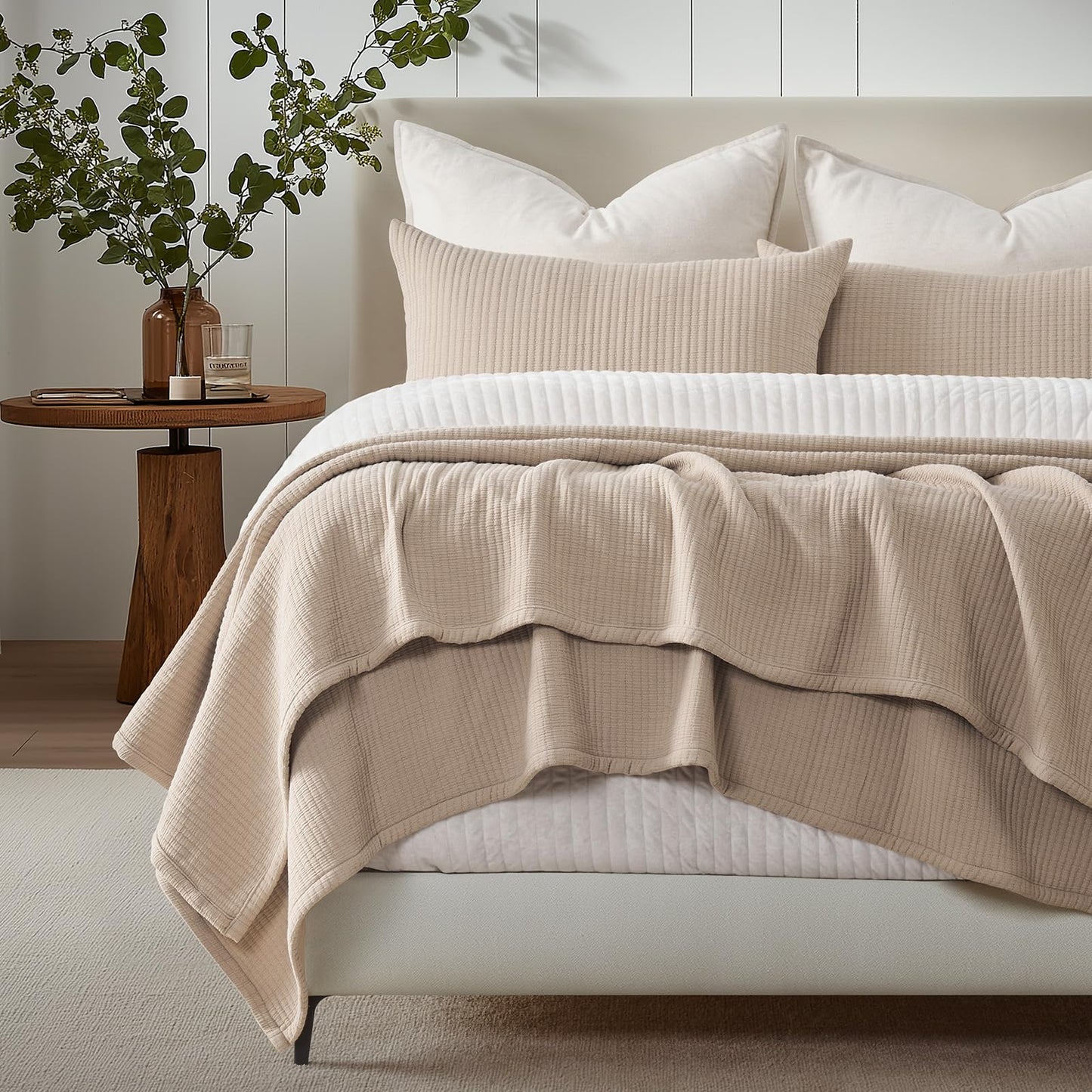 EVERGRACEHOME Cotton Gauze King Bedspread, Ultra Soft Prewashed Pick Stitch Matelassé Coverlet, Lightweight Textured Oversized King Quilt Bedding Set for All Season, with 2 Shams, Khaki Tan