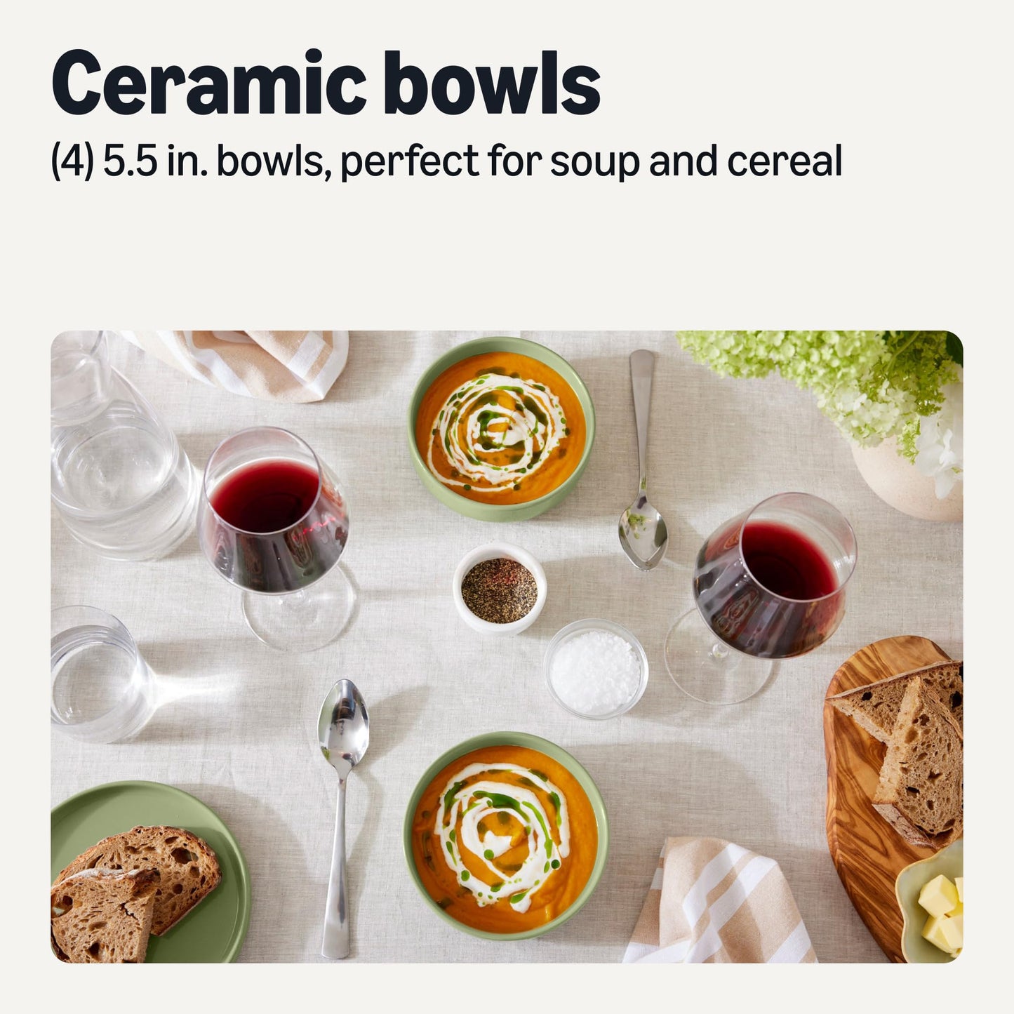 Amazon Basics Glazed Stoneware Bowls, 4-Piece Set, Microwave and Dishwasher-Safe, 20 oz. Capacity, 5.5 in., Olive