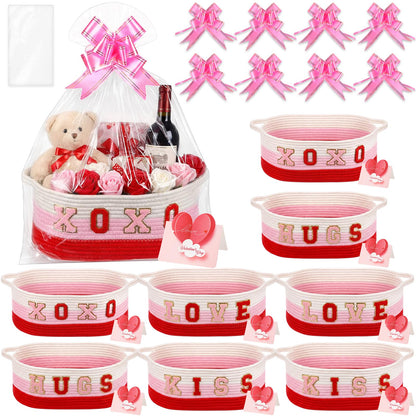 8 Set Valentines Day Gift Basket Woven Empty Basket with Cellophane Bags Pull Bow Greeting Card & Letter Stickers Empty Decorative Gifts Chest Box with Handles for Party Favors Baby Shower (Small)