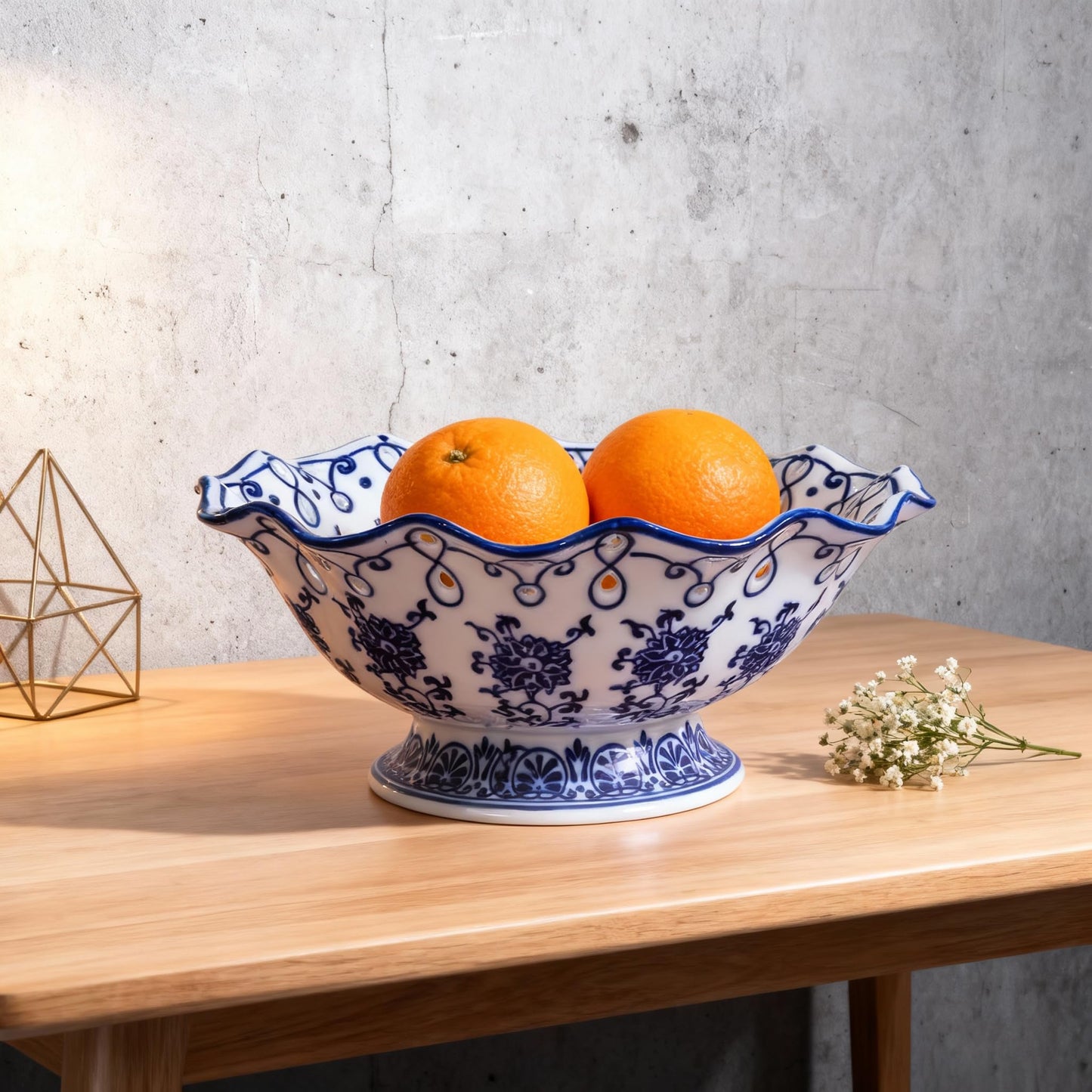 Blue and White Decorative Fruit Bowl for Kitchen Counter - 9.5" Large Ceramic Fruit Pedestal Bowl for Home Table Decor, Blue and White Chinoiserie Floral Decor, Large China Footed Fruits Bowls Basket