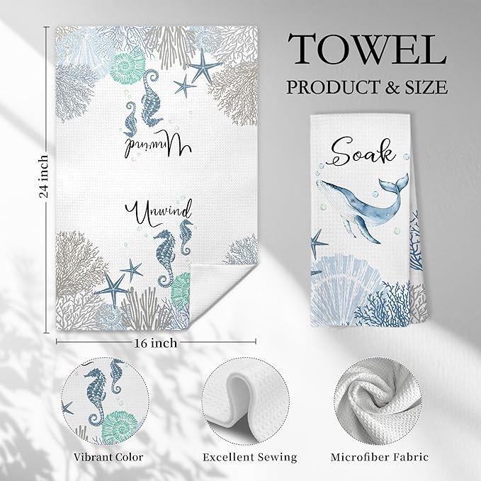 Coastal Hand Towels for Bathroom Set of 4, Relax Breathe Soak Unwind Decorative