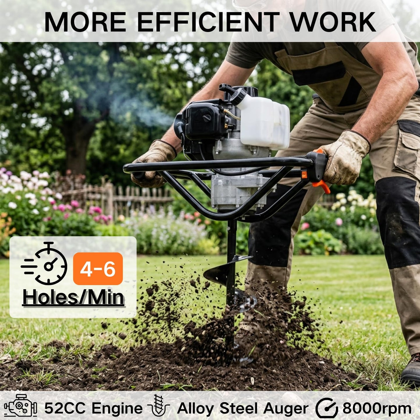 DC HOUSE 52cc 1800W Gas Powered Earth Auger EPA Certified Post Hole Digger, with 2 Drill Bits 6" 10", Mixing Ratio 30:1, for Fence, Farmland and Garden