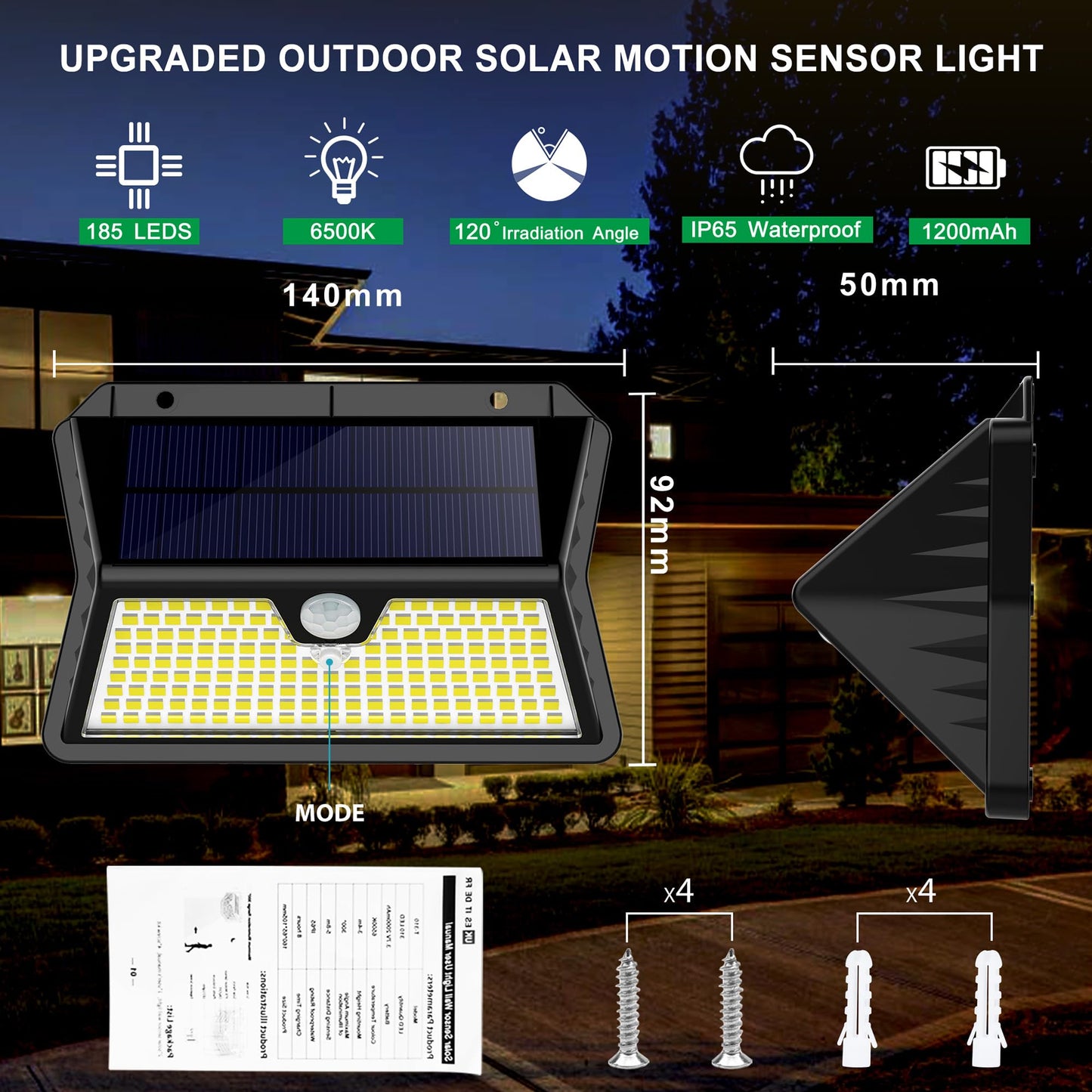 Solar Lights Outdoor Garden 185 LED Motion Sensor Security Lights, Solar Powered Wall Lighting with 3 Modes, IP65 Waterproof, Ideal for Patio, Fence, Driveway – 2 Pack Cool White