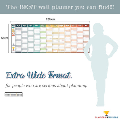 Academic Year Wall Planner 2025-2026 with Extra Wide Size (120 x 42 cm) | Mid Year 25/26 Wall-Planner Runs Aug ’25 to Jul ’26 | Excellent for office, home and school. | Non Laminated, ROLLED DELIVERY