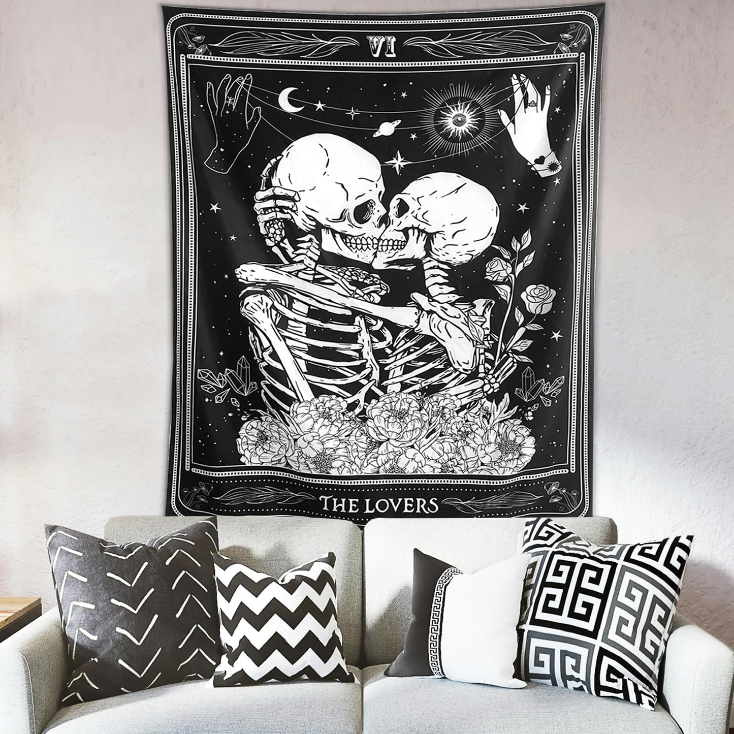 KJHL The Lovers Skull Wall Tapestry Black and White Skeleton Tapestry Gothic Room Decor Witchy Tapestries Aesthetic Wall Hanging for Bedroom Living Room 60" x 44"