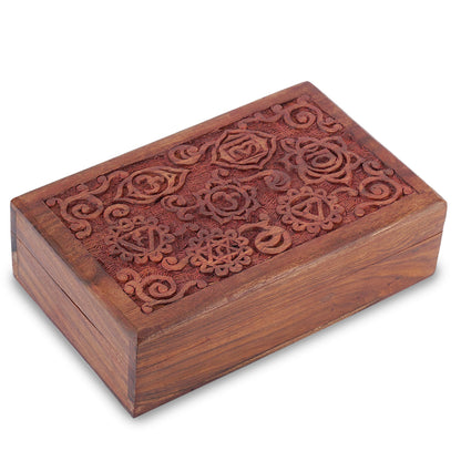 Ajuny Decorative Wooden Jewelry Box Keepsake 8 Inch - 7 Chakra Carving Box for Jewelry, Coins, Tarot Cards, Small Treasures Chest Travel Organizer