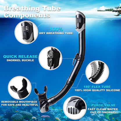 Snorkel Set Pano 3 Adult Snorkeling Gear, Professional Anti-Fog Snorkel Mask Dry Top Snorkel, Tempered Glass Scuba Diving Mask for Freediving, Snorkeling and Swimming(Black Set)