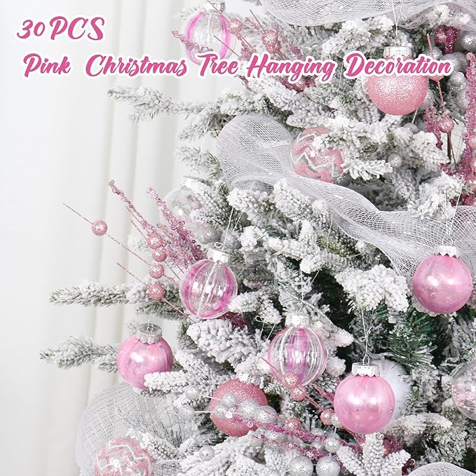 SY Super Bang 30PCS Pink Christmas Ornaments Set, 60MM/2.36" Clear Plastic Shatterproof Ball Ornaments for Christmas Tree Hanging Decorations, for Home Holiday Party Xmas Decor.