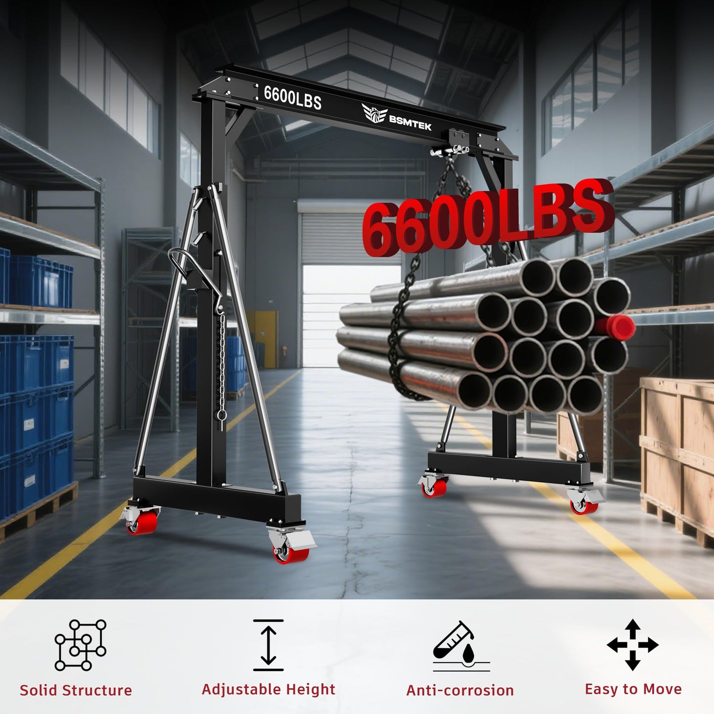 3 Ton MAX 6600LBS Gantry Crane, Adjustable Height (8.53-12.47 FT), Width (9.06 FT, Available 8.53FT), Steel I-Beam Construction, Portable Shop Hoist for Factories, Warehouses