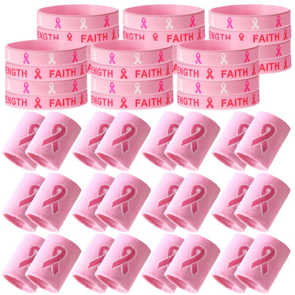 Wettarn 48 Pcs Breast Cancer Awareness Wristbands Silicone Pink Ribbon Cuffs Bulk Wrist Bands Football Inspiring Pink Sweatbands Awareness Gifts for Women Gym Athletic Sports Athletic Party Favors
