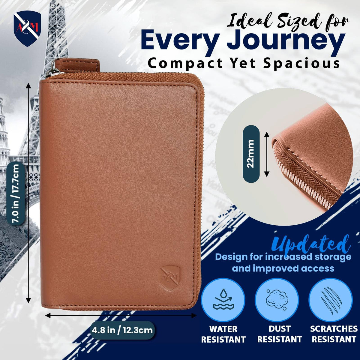 ALLEN & MATE 100% Leather Passport Holder for Travel RFID Blocking Passport Wallet for Men & Women - Zippered Compact Travel Document Organizer Fits Passport, Cash, Cards, SIM, ID and Tickets
