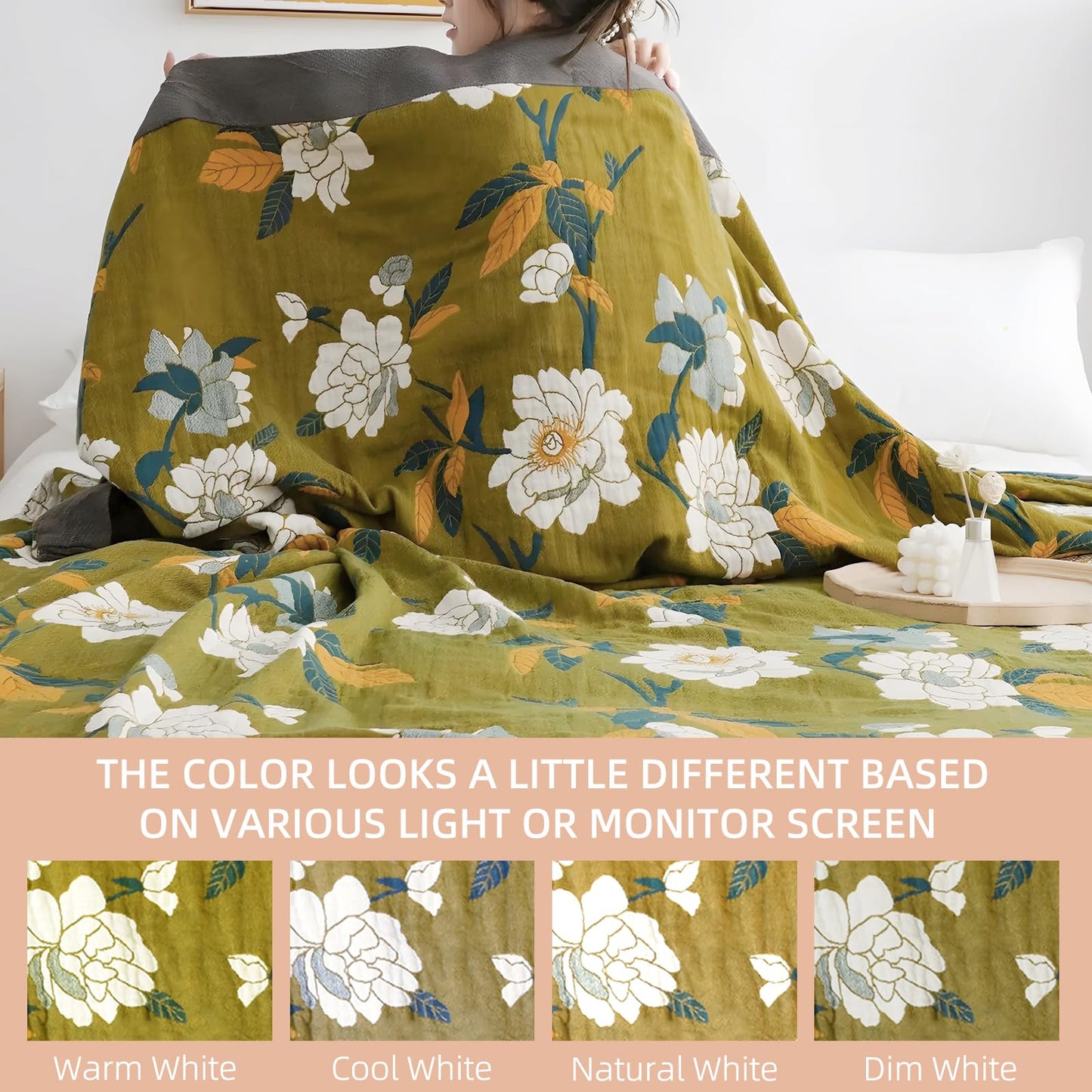 Shesyuki Boho Throw Blanket for Bed - 100% Pure Cotton Ultra Soft Rustic Quilt - Farmhouse Decor Bed Blankets, All Season Rustic Throw for Sofa Couch Chair(91''x 98'', Flower Branch)
