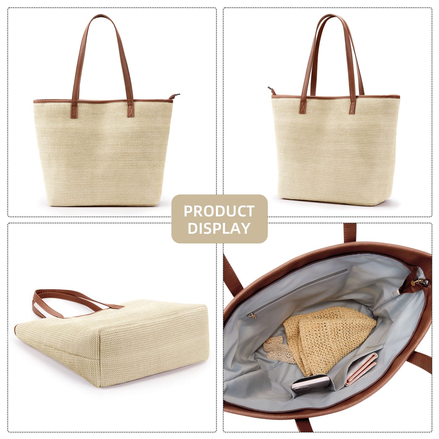 KALIDI Straw Tote Beach Bag Striped Shoulder Handbag Stitch Woven PU Leather Handle Zipper Closure Inner Pocket Travel Shopping Picnic