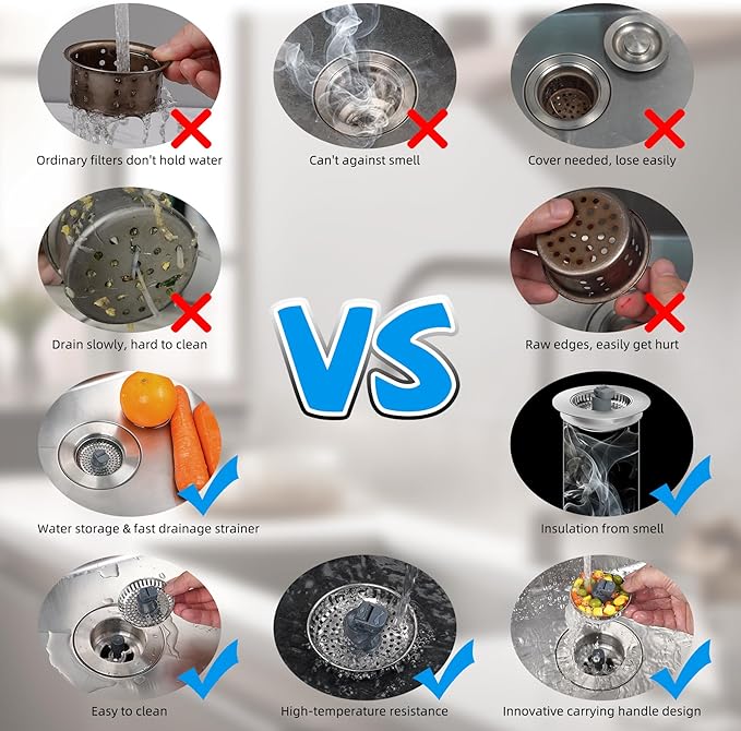 Hibbent 3 in 1 Kitchen Sink Drain Strainer, Stainless Steel Drain Stopper Combo