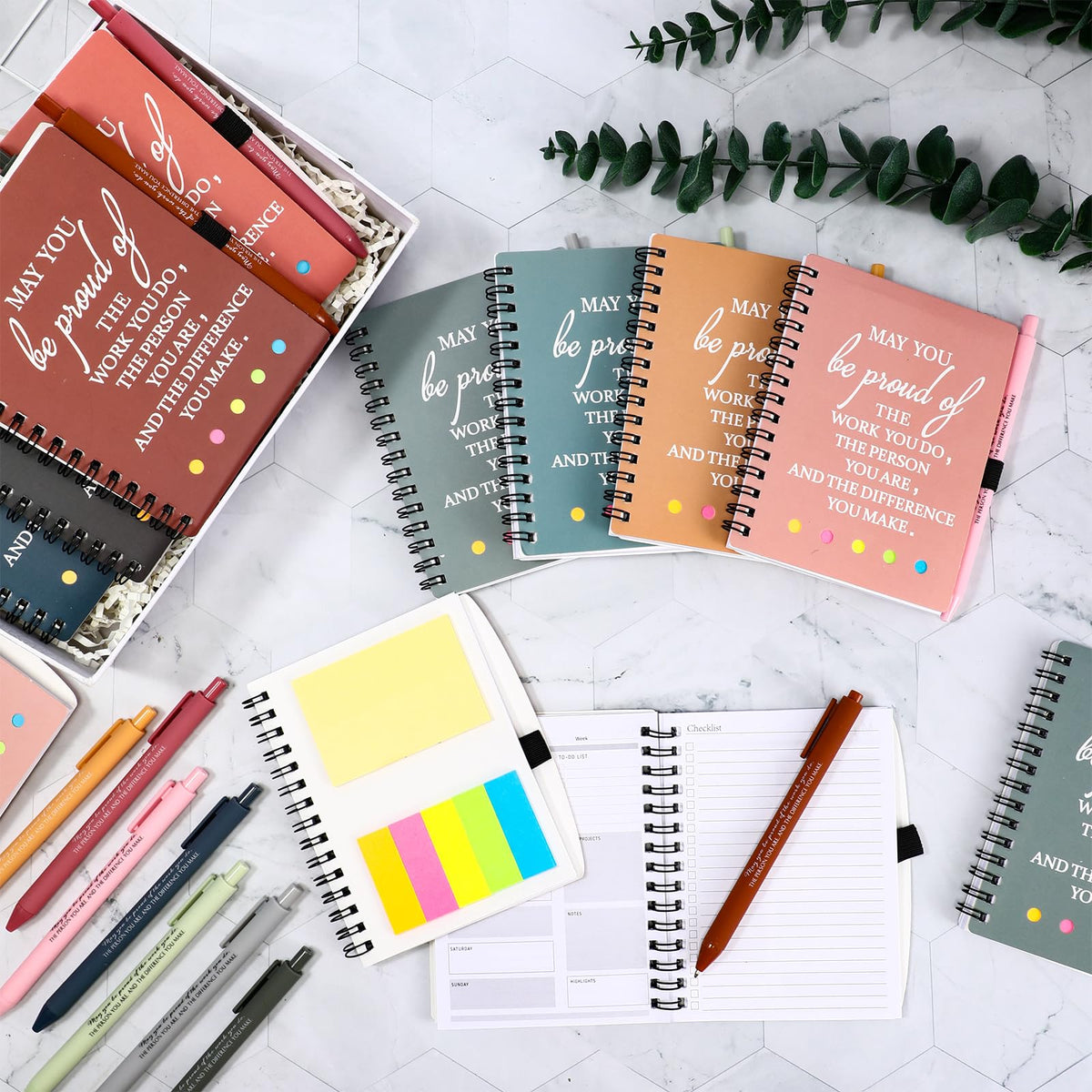Resurhang 48 Pcs/24 Set Employee Appreciation Gift for Coworkers Staff Teacher Positive A6 Spiral Journal Notebook with Pen for Team Volunteer Week Lab Week(Fresh Color,May You)