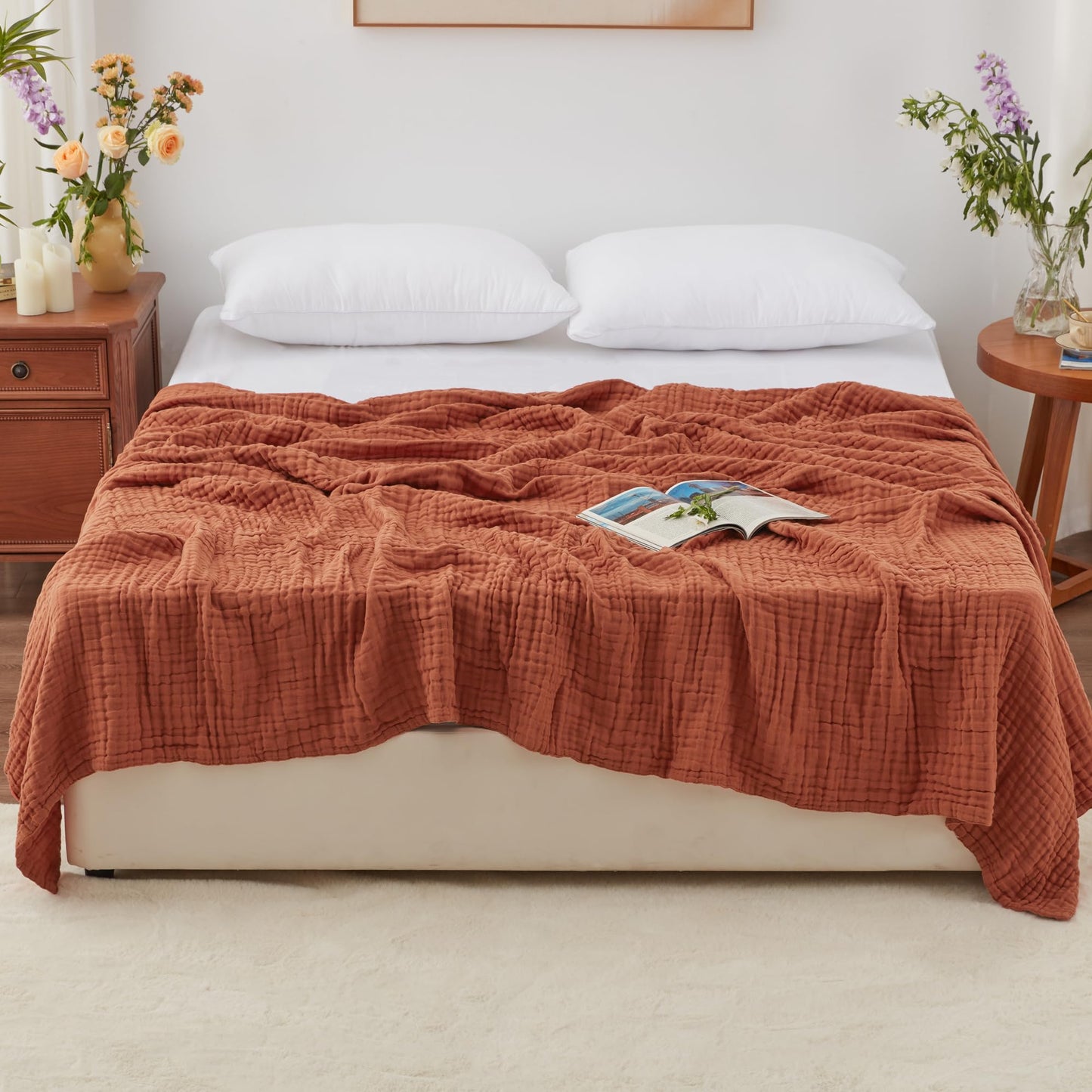 Love's cabin 100% Cotton Muslin Blanket, 6 Layer Lightweight Breathable Gauze King Size Blanket 108 x 90 Inches, Soft Summer Blanket for Bed, Orange