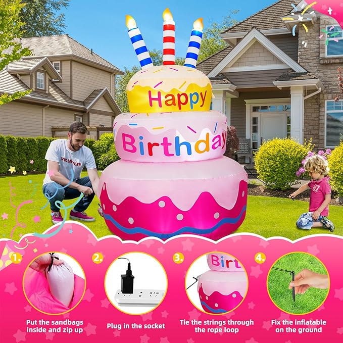 6FT Inflatable Happy Birthday Outdoor Decorations Cake with Candles, Bright LED Lights, Blow Up Yard Decoration with Rotating Colorful Appearance for Outdoor Indoor Birthday Party Garden Lawn