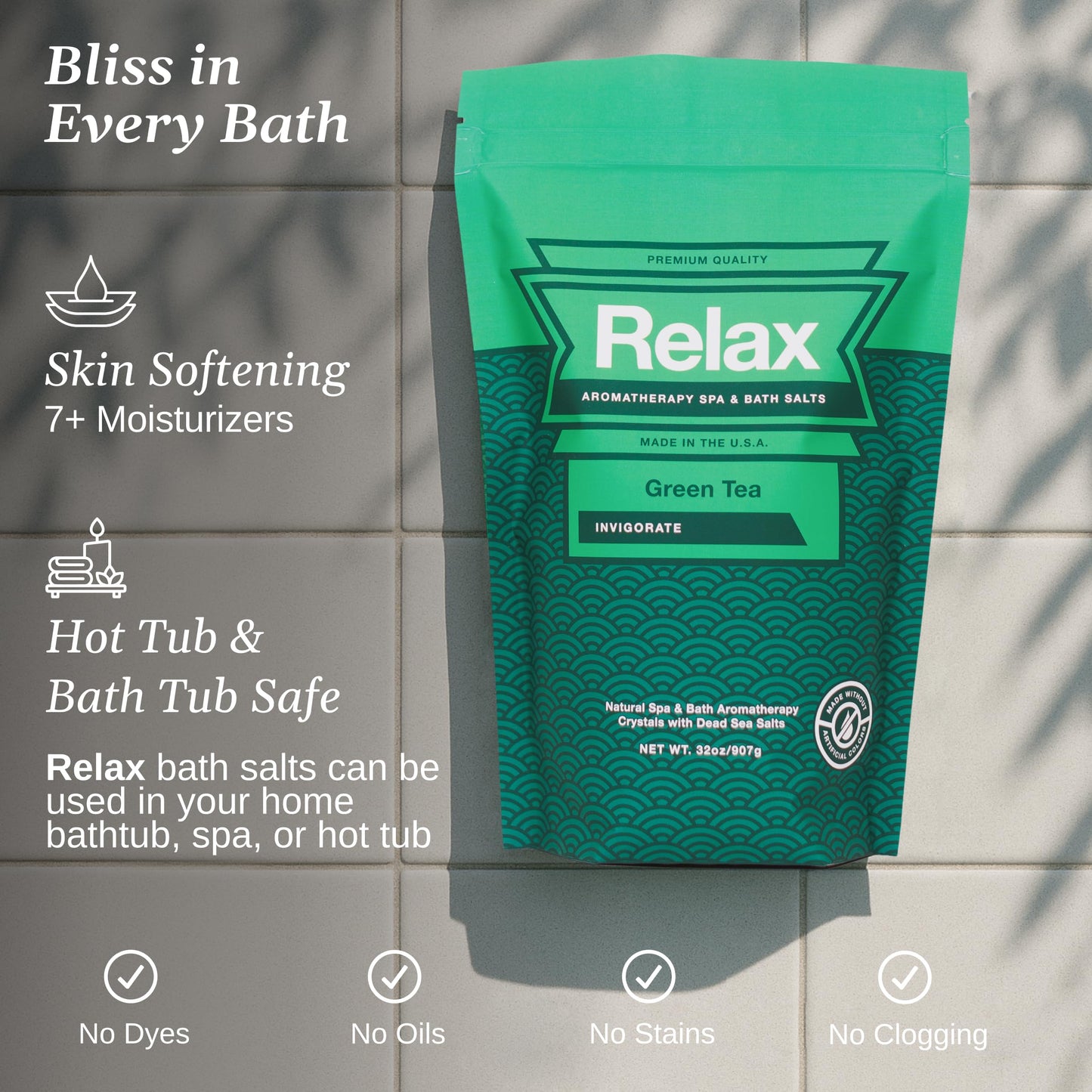 Relax Spa & Bath Aromatherapy Bath Salts for Hot Tub, Bath, or Spa, 2LB Bag Infused with Magnesium, Bath Salt for Soaking, Green Tea Scent